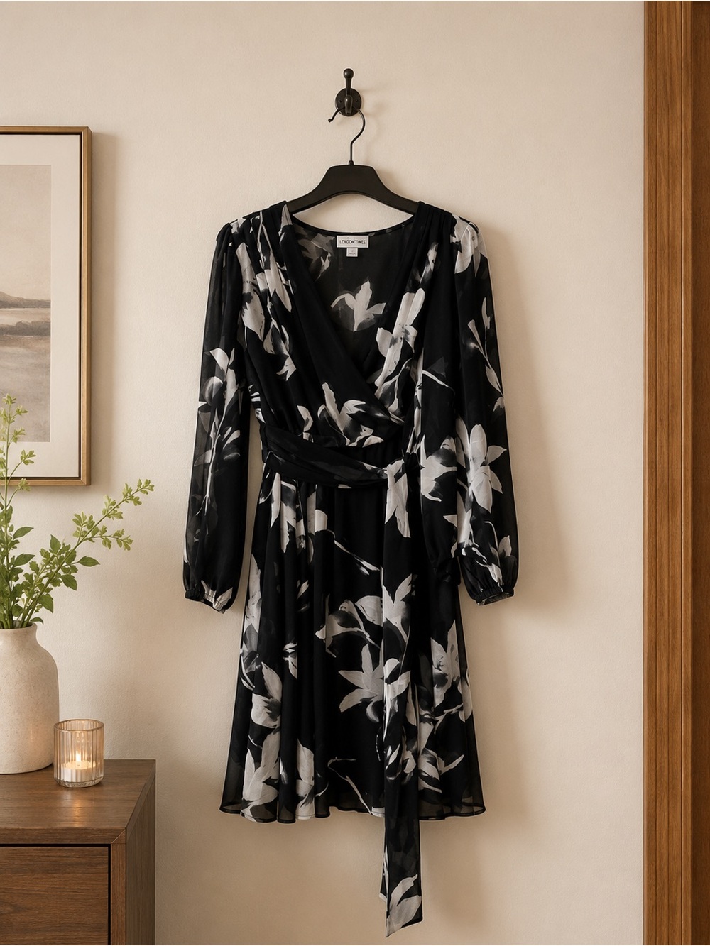 Black Floral Wrap Dress with White Bloom Print
